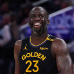 Warriors Draymond Green Apr 9, 2025; San Francisco, California, USA; Golden State Warriors forward Draymond Green (23) smiles during a break in the action against the San Antonio Spurs in the third quarter at Chase Center.