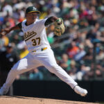Apr 13, 2025; West Sacramento, California, USA; Athletics pitcher Jose Leclerc (37) throws a pitch against the New York Mets during the seventh inning at Sutter Health Park. Mandatory Credit: Darren Yamashita-Imagn Images