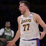 Luka Doncic Elogio Eslovenia Apr 19, 2025; Los Angeles, California, USA; Los Angeles Lakers guard Luka Doncic (77) reacts after not getting a foul call in the second half against the Minnesota Timberwolves at Crypto.com Arena. Mandatory Credit: Jayne Kamin-Oncea-Imagn Images