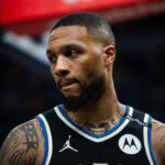 Apr 22, 2025; Indianapolis, Indiana, USA; Milwaukee Bucks guard Damian Lillard (0) during game two of first round for the 2024 NBA Playoffs against the Indiana Pacers at Gainbridge Fieldhouse.