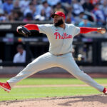 Apr 23, 2025; New York City, New York, USA; Philadelphia Phillies relief pitcher Jose Alvarado (46) pitches against the New York Mets during the eighth inning at Citi Field. Mandatory Credit: Brad Penner-Imagn Images