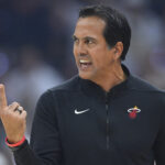 Apr 23, 2025; Cleveland, Ohio, USA; Miami Heat head coach Erik Spoelstra reacts in the first quarter of game two of the first round of the 2025 NBA Playoffs against the Cleveland Cavaliers at Rocket Arena.