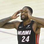 Apr 23, 2025; Cleveland, Ohio, USA; Miami Heat forward Haywood Highsmith (24) reacts in the fourth quarter of game two of the first round of the 2025 NBA Playoffs against the Cleveland Cavaliers at Rocket Arena.