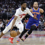Apr 24, 2025; Detroit, Michigan, USA; Detroit Pistons guard Malik Beasley (5) dribbles on New York Knicks guard Jalen Brunson (11) in the second half during game three of first round for the 2024 NBA Playoffs at Little Caesars Arena.
