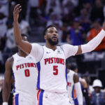 May 1, 2025; Detroit, Michigan, USA; Detroit Pistons guard Malik Beasley (5) fires up the crowd in the first half against the New York Knicks during game six of first round for the 2024 NBA Playoffs at Little Caesars Arena.