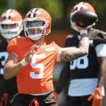May 10, 2025; Berea, OH, USA; Cleveland Browns quarterback Dillon Gabriel (5) throws a pass during rookie minicamp at CrossCountry Mortgage Campus. Mandatory Credit: Ken Blaze-Imagn Images