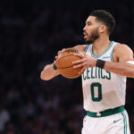May 12, 2025; New York, New York, USA; Boston Celtics forward Jayson Tatum (0) looks to pass in the second half during game four of the second round for the 2025 NBA Playoffs against the New York Knicks at Madison Square Garden.