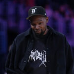 May 23, 2025; Los Angeles, California, USA; Kevin Durant attends the game between the Golden State Valkyries and the LA Sparks at Crypto.com Arena.