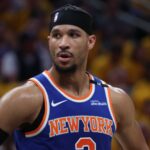 May 27, 2025; Indianapolis, Indiana, USA; New York Knicks guard Josh Hart (3) stands on court during the second quarter against the Indiana Pacers of game four of the eastern conference finals for the 2025 NBA Playoffs at Gainbridge Fieldhouse. Mandatory Credit: Trevor Ruszkowski-Imagn Images
