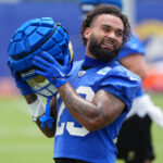 May 28, 2025; Woodland Hills, CA, USA; Los Angeles Rams running back Kyren Williams (23) takes a break during organized team activities at Rams Practice Facility.