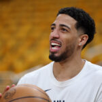 May 31, 2025; Indianapolis, Indiana, USA; Indiana Pacers guard Tyrese Haliburton (0) warms up prior to game six of the eastern conference finals for the 2025 NBA Playoffs at Gainbridge Fieldhouse.