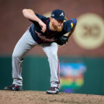 Jun 6, 2025; San Francisco, California, USA; Atlanta Braves pitcher Craig Kimbrel (46) looks at the catcher against the San Francisco Giants during the seventh inning at Oracle Park. Mandatory Credit: Robert Edwards-Imagn Images