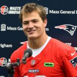 Jun 9, 2025; Foxborough, MA, USA; New England Patriots quarterback Drake Maye (10) holds a press conference after minicamp at Gillette Stadium. Mandatory Credit: Eric Canha-Imagn Images
