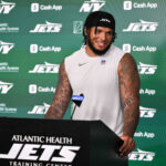 Jun 10, 2025; East Rutherford, NJ, USA; New York Jets linebacker Jermaine Johnson (11) speaks at a press conference during minicamp at Atlantic Health Jets Training Center. Mandatory Credit: John Jones-Imagn Images