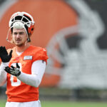 Jun 12, 2025; Berea, OH, USA; Cleveland Browns quarterback Kenny Pickett (8) looks on during mini camp at CrossCountry Mortgage Campus. Mandatory Credit: Ken Blaze-Imagn Images