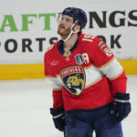 Jun 12, 2025; Sunrise, Florida, USA; Florida Panthers forward Matthew Tkachuk (19) celebrates scoring during the first period against the Edmonton Oilers in game four of the 2025 Stanley Cup Final at Amerant Bank Arena. Mandatory Credit: Jim Rassol-Imagn Images