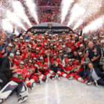 Jun 17, 2025; Sunrise, Florida, USA; The Florida Panthers pose for a photo with the Stanley Cup after winning game six of the 2025 Stanley Cup Final against the Edmonton Oilers at Amerant Bank Arena. Mandatory Credit: Sam Navarro-Imagn Images