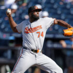 Jul 20, 2025; Tampa, Florida, USA; Baltimore Orioles pitcher Felix Bautista (74) throws a pitch against the Tampa Bay Rays in the ninth inning at George M. Steinbrenner Field. Mandatory Credit: Nathan Ray Seebeck-Imagn Images