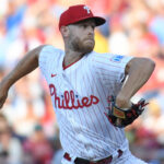 Jul 21, 2025; Philadelphia, Pennsylvania, USA; Philadelphia Phillies pitcher Zack Wheeler (45) throws a pitch during the second inning against the Boston Red Sox at Citizens Bank Park.