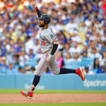 Jul 21, 2025; Los Angeles, California, USA; Minnesota Twins center fielder Byron Buxton (25) runs the bases after hitting a solo home run against the Los Angeles Dodgers during the first inning at Dodger Stadium. Mandatory Credit: Gary A. Vasquez-Imagn Images