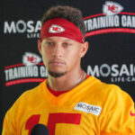 Jul 22, 2025; St. Joseph, MO, USA; Kansas City Chiefs quarterback Patrick Mahomes (15) speaks to media after training camp at Missouri Western State University.