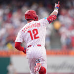Jul 22, 2025; Philadelphia, Pennsylvania, USA; Philadelphia Phillies designated hitter Kyle Schwarber (12) rounds the bases after hitting a home run against the Boston Red Sox in the second inning at Citizens Bank Park. Mandatory Credit: Kyle Ross-Imagn Images