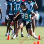 Jul 24, 2025; Jacksonville, FL, USA; Jacksonville Jaguars wide receiver Louis Rees-Zammit (89) participates in training camp at Miller Electric Center.