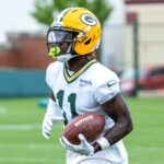 Green Bay Packers wide receiver Jayden Reed (11) runs through a drill during the second day of training camp on Thursday, July 24, 2025, at Ray Nitschke Field in Ashwaubenon, Wis