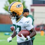 Green Bay Packers wide receiver Romeo Doubs (87) runs the ball during the second day of training camp on Thursday, July 24, 2025, at Ray Nitschke Field in Ashwaubenon, Wis.