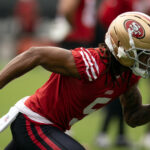 Jul 24, 2025; Santa Clara, CA, USA; San Francisco 49ers wide receiver Demarcus Robinson (5) runs a pass route during the second day of training camp. Mandatory Credit: D. Ross Cameron-Imagn Images