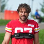 Jul 22, 2025; St. Joseph, MO, USA; Kansas City Chiefs tight end Travis Kelce (87) walks down the hill to the practice fields during training camp at Missouri Western State University.