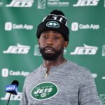 Jul 25, 2025; Florham Park, NJ, USA; New York Jets quarterback Tyrod Taylor (2) speaks to the media during training camp at Atlantic Health Jets Training Center.