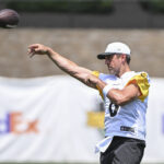 Jul 25, 2025; Pittsburgh, PA, USA; Pittsburgh Steelers quarterback Aaron Rodgers (8) participates in drills during training camp at Saint Vincent College. Mandatory Credit: Barry Reeger-Imagn Images