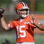 Jul 26, 2025; Berea, OH, USA; Cleveland Browns quarterback Joe Flacco (15) throws a pass during training camp at CrossCountry Mortgage Campus. Mandatory Credit: Ken Blaze-Imagn Images