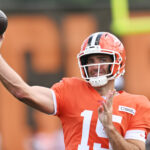 Jul 28, 2025; Berea, OH, USA; Cleveland Browns quarterback Joe Flacco (15) throws a pass during training camp at CrossCountry Mortgage Campus. Mandatory Credit: Ken Blaze-Imagn Images