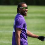 Jul 28, 2025; Eagan, MN, USA; Minnesota Vikings wide receiver Justin Jefferson (18) looks on during the teams training camp at the Minnesota Vikings Training Facility.