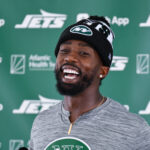 Jul 25, 2025; Florham Park, NJ, USA; New York Jets quarterback Tyrod Taylor (2) speaks to the media during training camp at Atlantic Health Jets Training Center.