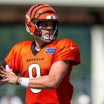 Cincinnati Bengals quarterback Joe Burrow (9) throws a pass during a preseason training camp practice in downtown Cincinnati on Wednesday, July 30, 2025.
