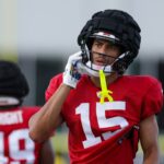 Jul 31, 2025; Tampa, FL, USA; Tampa Bay Buccaneers wide receiver Jalen McMillan (15) participates in training camp at AdventHealth Training Center.