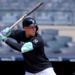 Jul 31, 2025; Bronx, New York, USA; New York Yankees injured right fielder Aaron Judge (99) takes live batting practice before a game against the Tampa Bay Rays at Yankee Stadium. Mandatory Credit: Brad Penner-Imagn Images