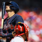 Aug 1, 2025; Cincinnati, Ohio, USA; Atlanta Braves third baseman Austin Riley (27) reacts after striking out in the eighth inning against the Cincinnati Reds at Great American Ball Park. Mandatory Credit: Katie Stratman-Imagn Images