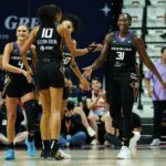 Aug 1, 2025; Uncasville, Connecticut, USA; Connecticut Sun center Tina Charles (31) and teammates react after a play against the New York Liberty in the second half at Mohegan Sun Arena.