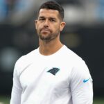 Aug 2, 2025; Charlottle, NC, USA; Carolina Panthers head coach Dave Canales during Fanfest at Bank of America Stadium.