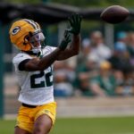Green Bay Packers wide receiver Matthew Golden (22) catches a pass during the first day of training camp on Wednesday, July 23, 2025, at Ray Nitschke Field in Ashwaubenon, Wis.