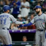 Aug 4, 2025; Denver, Colorado, USA; Toronto Blue Jays designated hitter Bo Bichette (11) celebrates his three run home run with right fielder Nathan Lukes (38) in the seventh inning against the Colorado Rockies at Coors Field. Mandatory Credit: Isaiah J. Downing-Imagn Images