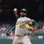 Aug 5, 2025; Washington, District of Columbia, USA; Athletics starting pitcher Luis Severino (40) pitches against the Washington Nationals during the first inning at Nationals Park. Mandatory Credit: Geoff Burke-Imagn Images