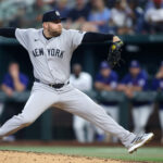Aug 6, 2025; Arlington, Texas, USA; New York Yankees relief pitcher David Bednar (53) throws a pitch during the ninth inning against the Texas Rangers at Globe Life Field. Mandatory Credit: Tim Heitman-Imagn Images