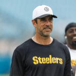 Aug 9, 2025; Jacksonville, Florida, USA; Pittsburgh Steelers quarterback Aaron Rodgers (8) before the game against the Jacksonville Jaguars at EverBank Stadium. Mandatory Credit: Morgan Tencza-Imagn Images