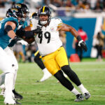 Aug 9, 2025; Jacksonville, Florida, USA; Pittsburgh Steelers defensive tackle Derrick Harmon (99) rushes the passer against the Jacksonville Jaguars during a preseason game at EverBank Stadium. Mandatory Credit: Travis Register-Imagn Images