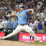 Aug 9, 2025; Milwaukee, Wisconsin, USA; Milwaukee Brewers pitcher Trevor Megill (29) delivers a pitch against the New York Mets in the ninth inning at American Family Field. Mandatory Credit: Michael McLoone-Imagn Images